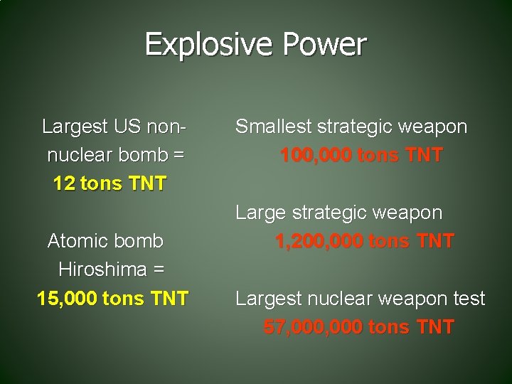 Explosive Power Largest US non nuclear bomb = 12 tons TNT Atomic bomb Hiroshima