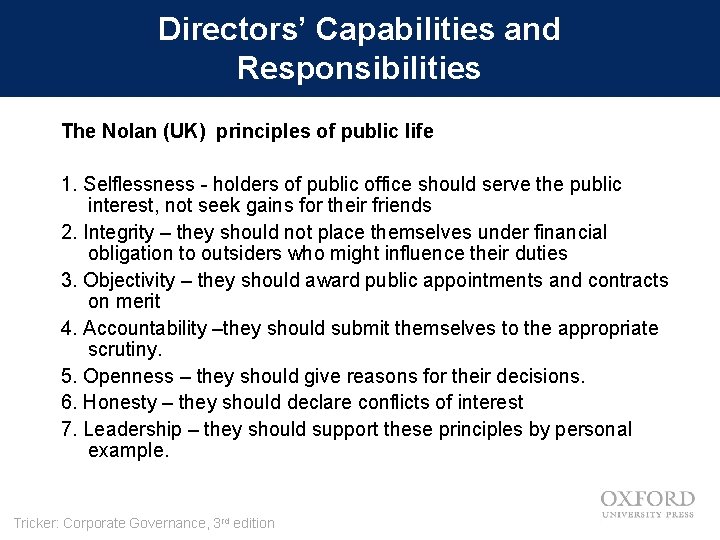 Directors’ Capabilities and Responsibilities The Nolan (UK) principles of public life 1. Selflessness -