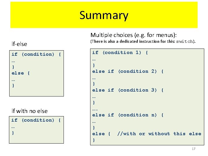 Summary Multiple choices (e. g. for menus): if-else if (condition) { … } else