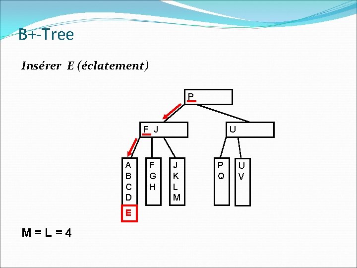 B+-Tree Insérer E (éclatement) P F J A B C D E M=L=4 F