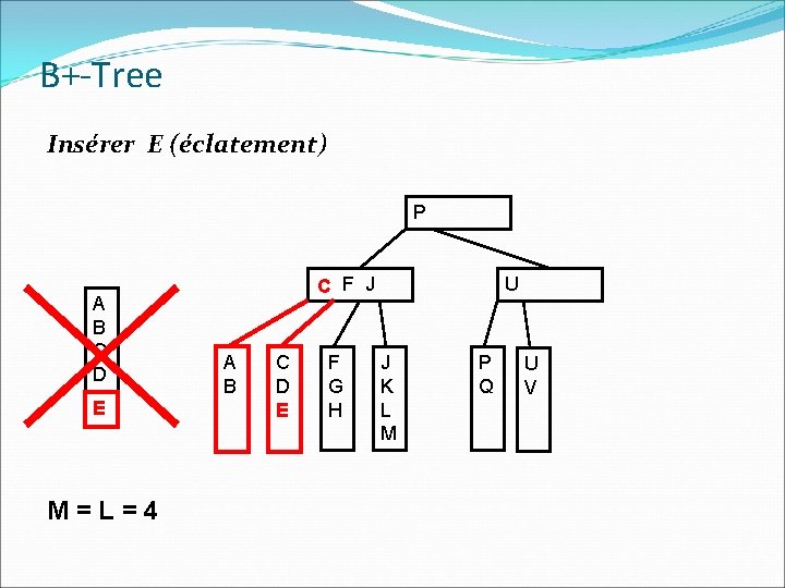 B+-Tree Insérer E (éclatement) P A B C D E M=L=4 C F J