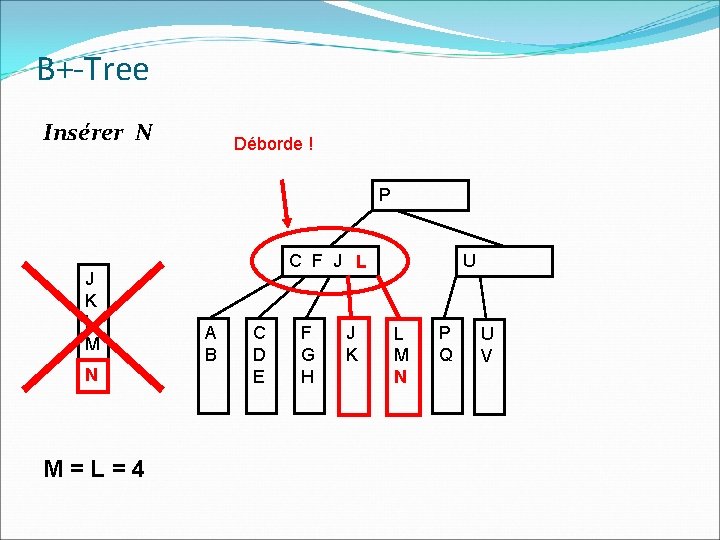 B+-Tree Insérer N Déborde ! P J K L M N M=L=4 C F