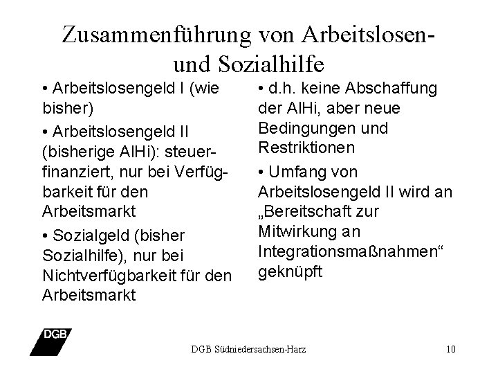 Zusammenführung von Arbeitslosenund Sozialhilfe • Arbeitslosengeld I (wie bisher) • Arbeitslosengeld II (bisherige Al.