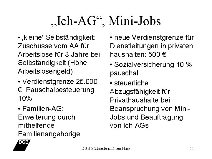 „Ich-AG“, Mini-Jobs • ‚kleine‘ Selbständigkeit: Zuschüsse vom AA für Arbeitslose für 3 Jahre bei