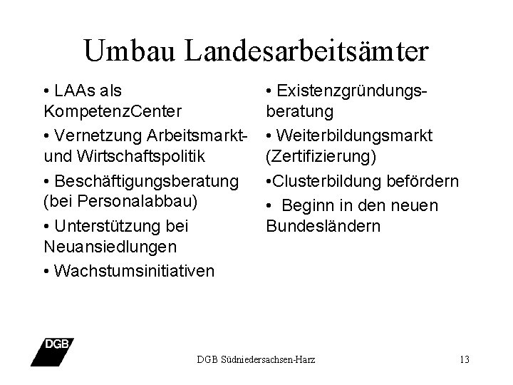 Umbau Landesarbeitsämter • LAAs als Kompetenz. Center • Vernetzung Arbeitsmarktund Wirtschaftspolitik • Beschäftigungsberatung (bei