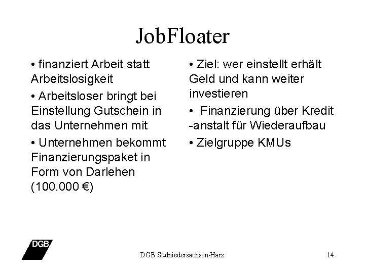 Job. Floater • finanziert Arbeit statt Arbeitslosigkeit • Arbeitsloser bringt bei Einstellung Gutschein in