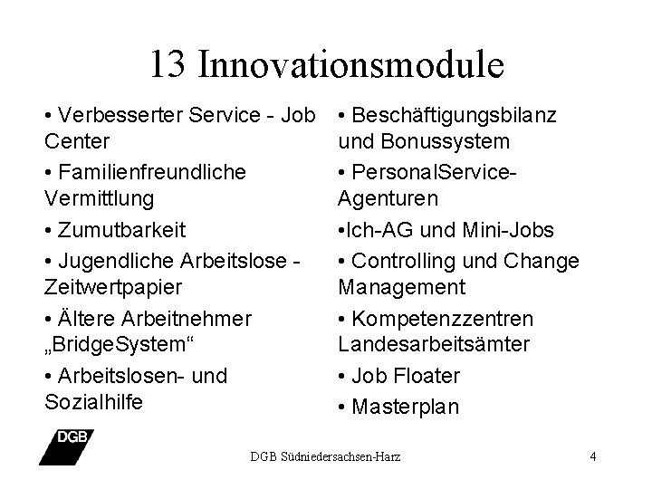 13 Innovationsmodule • Verbesserter Service - Job Center • Familienfreundliche Vermittlung • Zumutbarkeit •