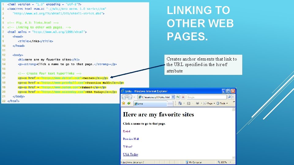LINKING TO OTHER WEB PAGES. Creates anchor elements that link to the URL specified LINKING TO OTHER WEB PAGES. Creates anchor elements that link to the URL specified
