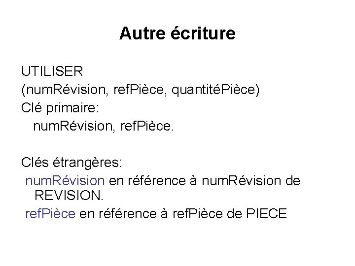 Autre écriture UTILISER (num. Révision, ref. Pièce, quantitéPièce) Clé primaire: num. Révision, ref. Pièce.