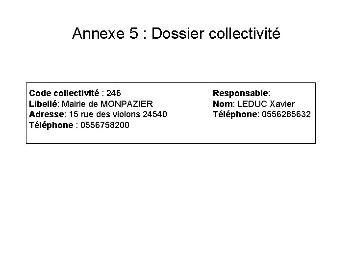 Annexe 5 : Dossier collectivité Code collectivité : 246 Libellé: Mairie de MONPAZIER Adresse: