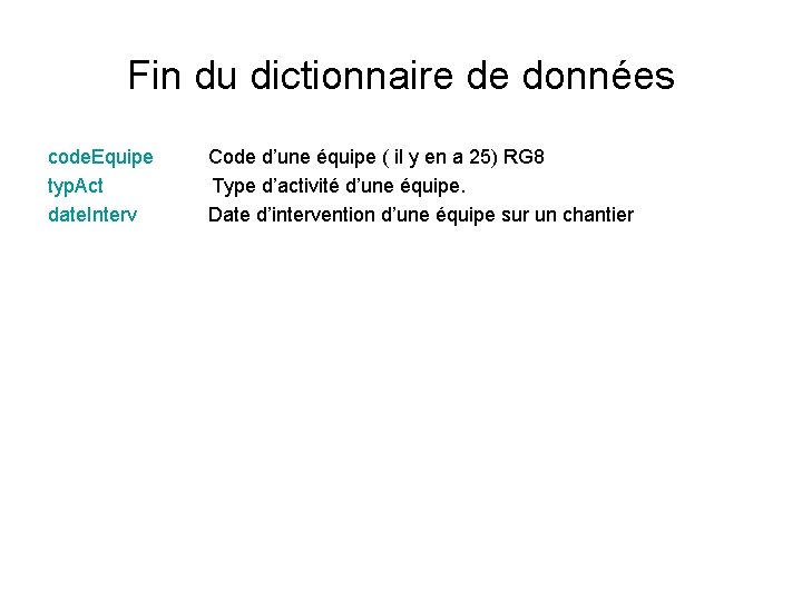 Fin du dictionnaire de données code. Equipe Code d’une équipe ( il y en