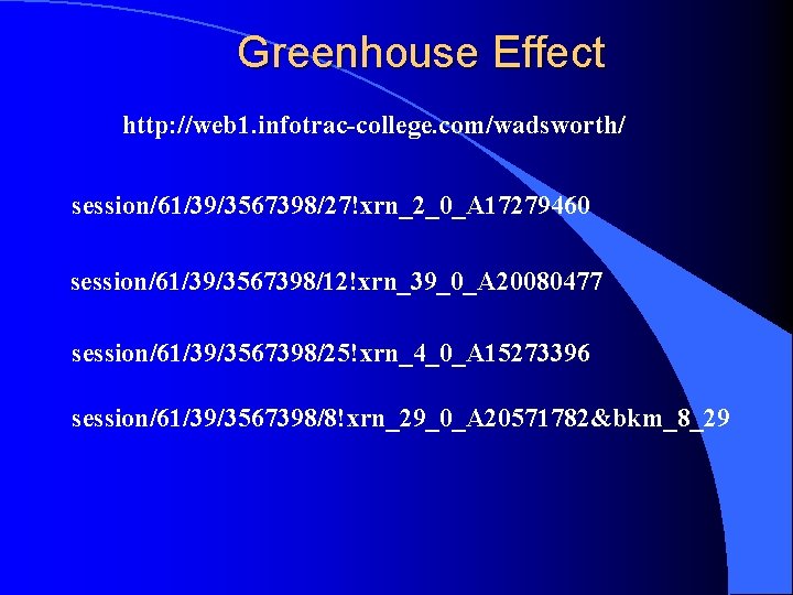 Greenhouse Effect http: //web 1. infotrac-college. com/wadsworth/ session/61/39/3567398/27!xrn_2_0_A 17279460 session/61/39/3567398/12!xrn_39_0_A 20080477 session/61/39/3567398/25!xrn_4_0_A 15273396 session/61/39/3567398/8!xrn_29_0_A