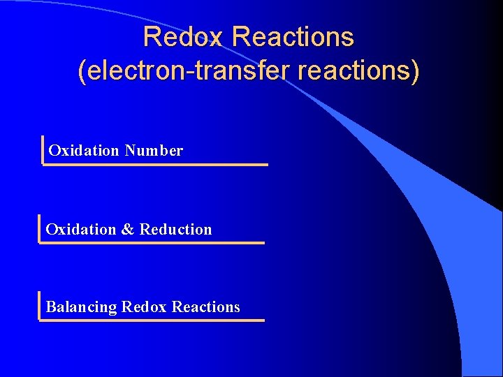 Redox Reactions (electron-transfer reactions) Oxidation Number Oxidation & Reduction Balancing Redox Reactions 