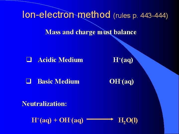 Ion-electron method (rules p. 443 -444) Mass and charge must balance q Acidic Medium