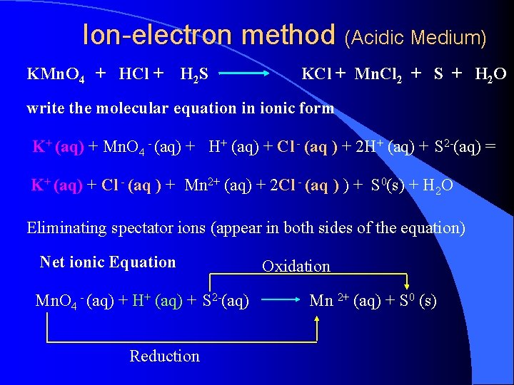 Ion-electron method (Acidic Medium) KMn. O 4 + HCl + H 2 S KCl