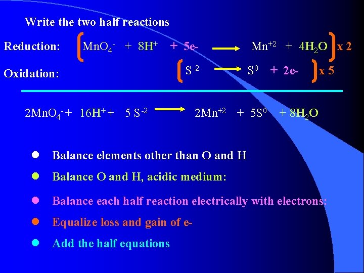 Write the two half reactions Reduction: Mn. O 4 - + 8 H+ Oxidation: