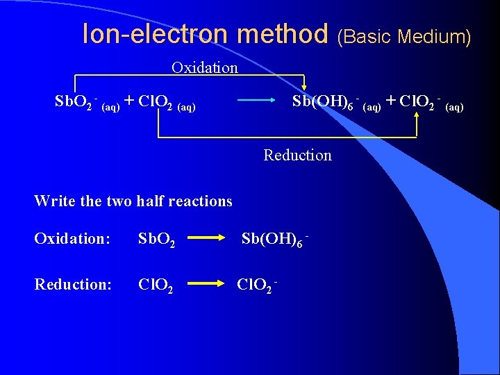 Ion-electron method (Basic Medium) Oxidation Sb. O 2 - (aq) + Cl. O 2