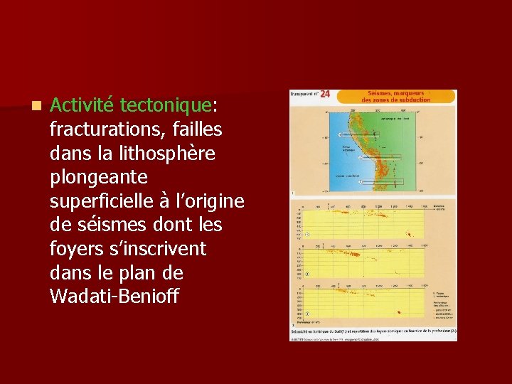 n Activité tectonique: fracturations, failles dans la lithosphère plongeante superficielle à l’origine de séismes