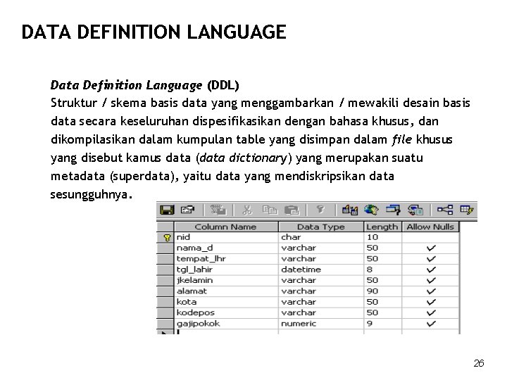 DATA DEFINITION LANGUAGE Data Definition Language (DDL) Struktur / skema basis data yang menggambarkan