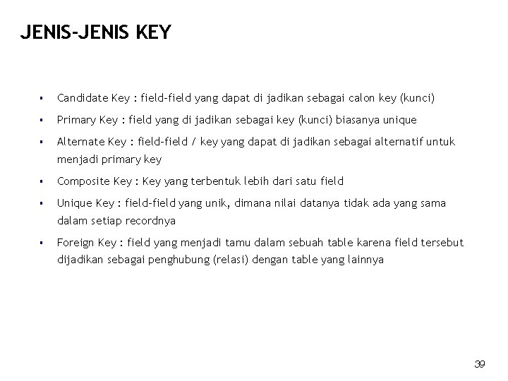 JENIS-JENIS KEY Candidate Key : field-field yang dapat di jadikan sebagai calon key (kunci)