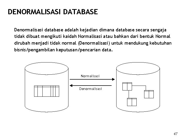 DENORMALISASI DATABASE Denormalisasi database adalah kejadian dimana database secara sengaja tidak dibuat mengikuti kaidah