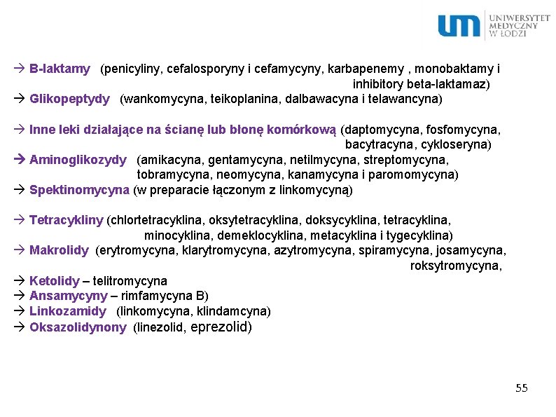  Β-laktamy (penicyliny, cefalosporyny i cefamycyny, karbapenemy , monobaktamy i inhibitory beta-laktamaz) Glikopeptydy (wankomycyna,