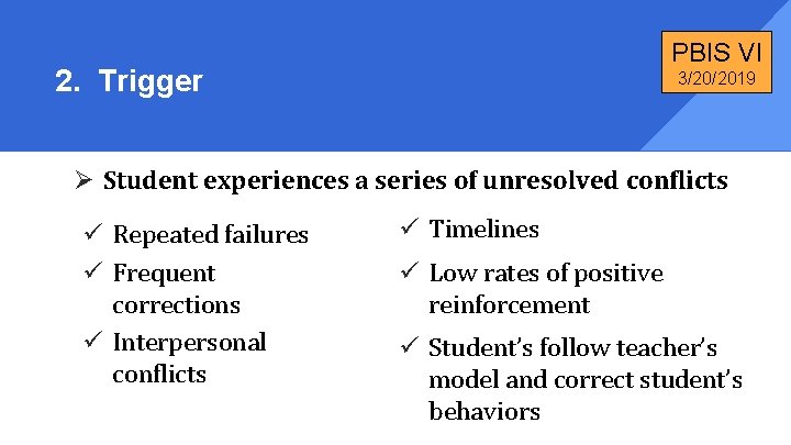 PBIS VI 2. Trigger 3/20/2019 Ø Student experiences a series of unresolved conflicts ü