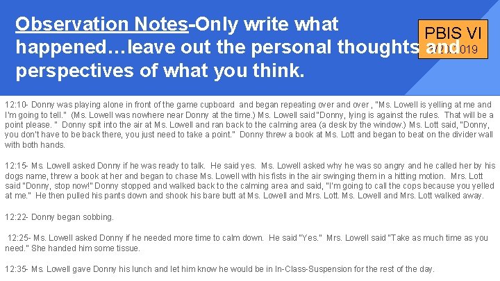 Observation Notes-Only write what PBIS VI 3/20/2019 happened…leave out the personal thoughts and perspectives