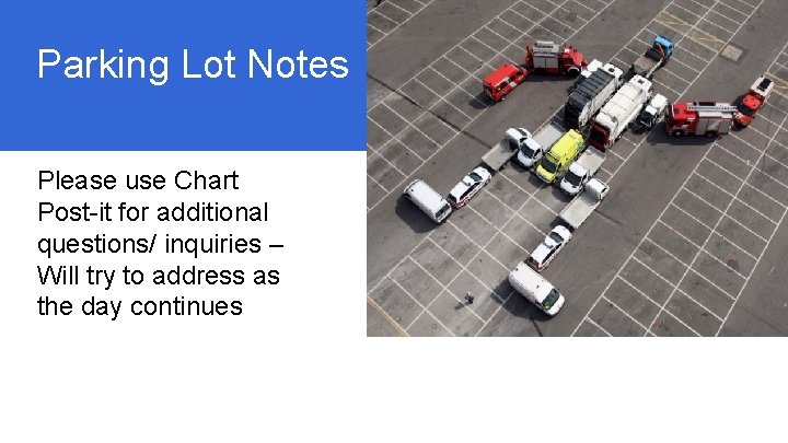 Parking Lot Notes Please use Chart Post-it for additional questions/ inquiries – Will try