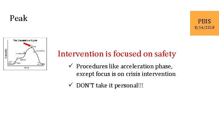 Peak PBIS 8/14/2018 Intervention is focused on safety ü Procedures like acceleration phase, except