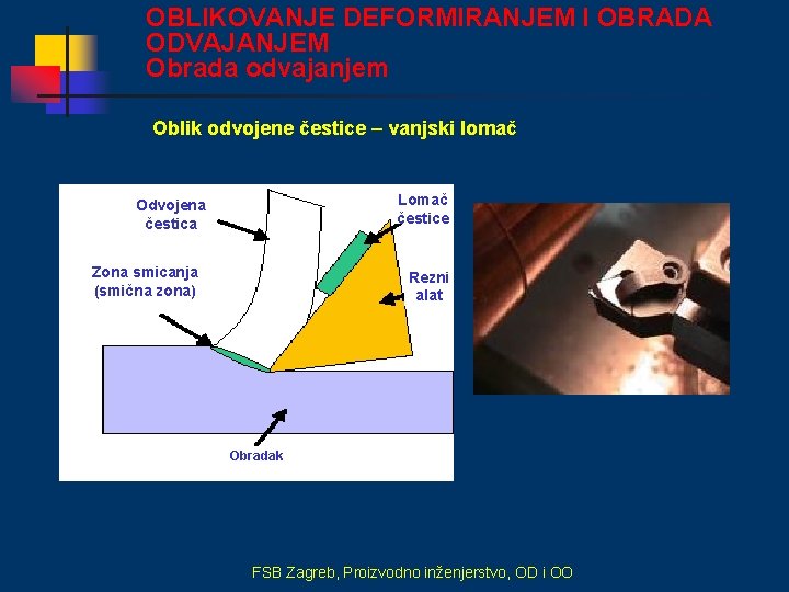 OBLIKOVANJE DEFORMIRANJEM I OBRADA ODVAJANJEM Obrada odvajanjem Oblik odvojene čestice – vanjski lomač Lomač