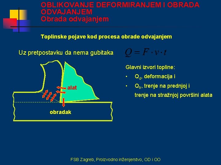 OBLIKOVANJE DEFORMIRANJEM I OBRADA ODVAJANJEM Obrada odvajanjem Toplinske pojave kod procesa obrade odvajanjem Uz