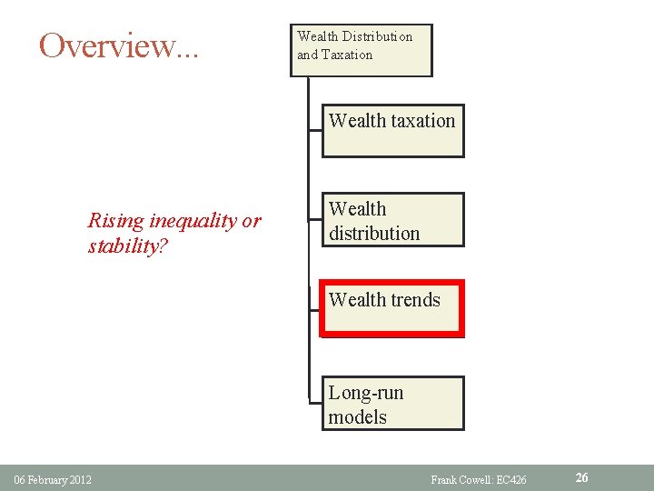 Overview. . . Wealth Distribution and Taxation Wealth taxation Rising inequality or stability? Wealth