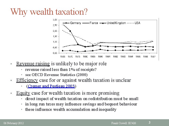 Why wealth taxation? • Revenue raising is unlikely to be major role • revenue