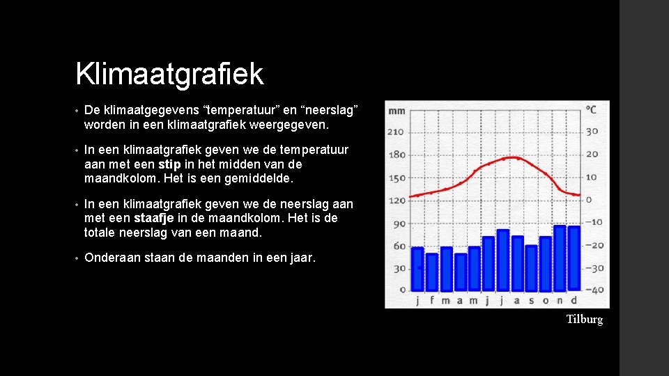 Klimaatgrafiek • De klimaatgegevens “temperatuur” en “neerslag” worden in een klimaatgrafiek weergegeven. • In