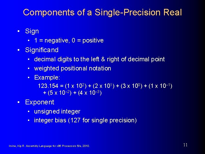 Components of a Single-Precision Real • Sign • 1 = negative, 0 = positive