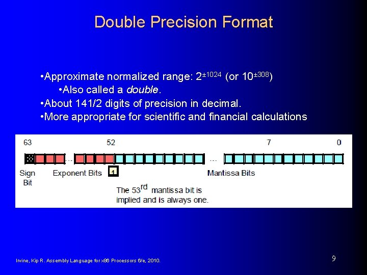 Double Precision Format • Approximate normalized range: 2± 1024 (or 10± 308) • Also