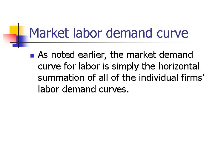 Market labor demand curve n As noted earlier, the market demand curve for labor
