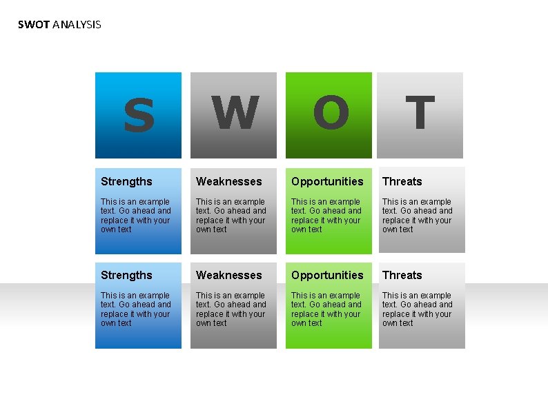 SWOT ANALYSIS S W O T Strengths Weaknesses Opportunities Threats This is an example
