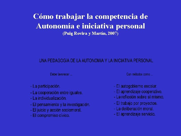 Cómo trabajar la competencia de Autonomía e iniciativa personal (Puig Rovira y Martín, 2007)