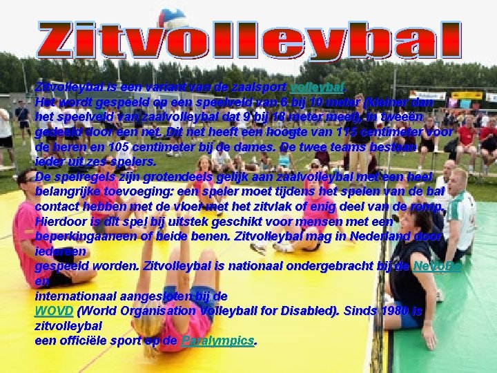Zitvolleybal is een variant van de zaalsport volleybal. Het wordt gespeeld op een speelveld
