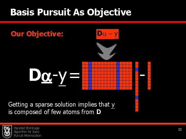 Basis Pursuit As Objective Our Objective: D -y = - Getting a sparse solution