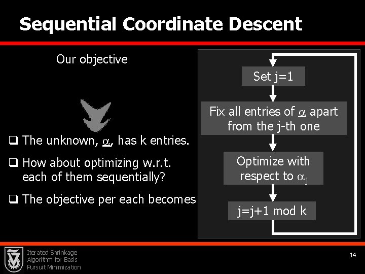 Sequential Coordinate Descent Our objective Set j=1 q The unknown, , has k entries.