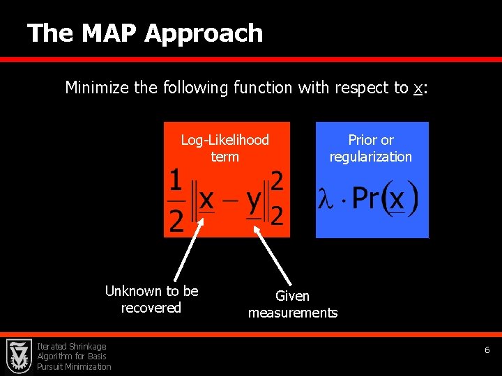 The MAP Approach Minimize the following function with respect to x: Log-Likelihood term Unknown