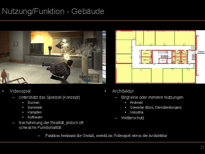 Nutzung/Funktion - Gebäude • • Videospiel – Unterstützt das Spielziel (Konzept) • • Architektur