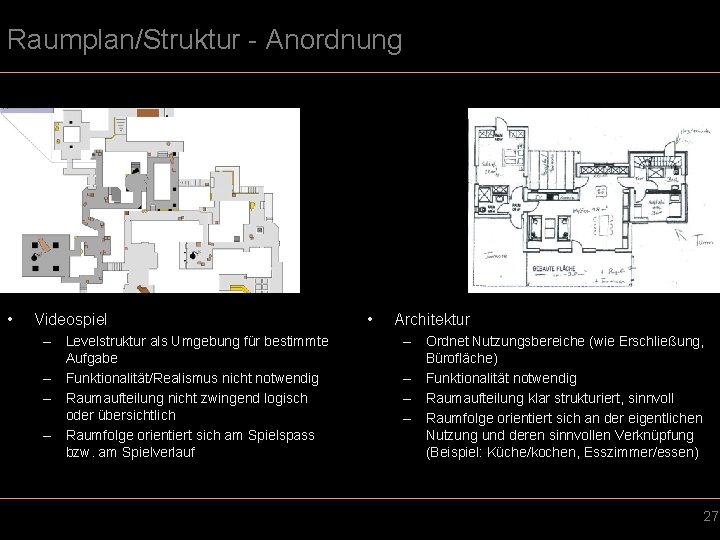 Raumplan/Struktur - Anordnung • Videospiel – Levelstruktur als Umgebung für bestimmte Aufgabe – Funktionalität/Realismus