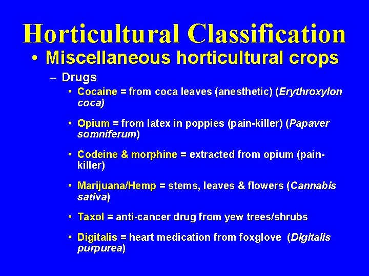 Horticultural Classification • Miscellaneous horticultural crops – Drugs • Cocaine = from coca leaves