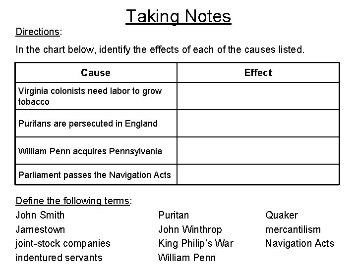 Taking Notes Directions: In the chart below, identify the effects of each of the