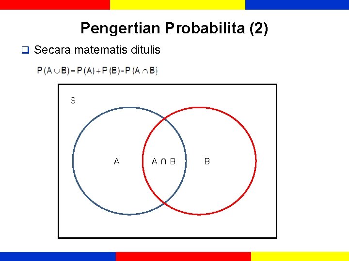 Pengertian Probabilita (2) q Secara matematis ditulis S A A∩B B 