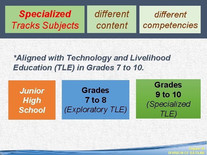 Specialized Tracks Subjects different content different competencies *Aligned with Technology and Livelihood Education (TLE)